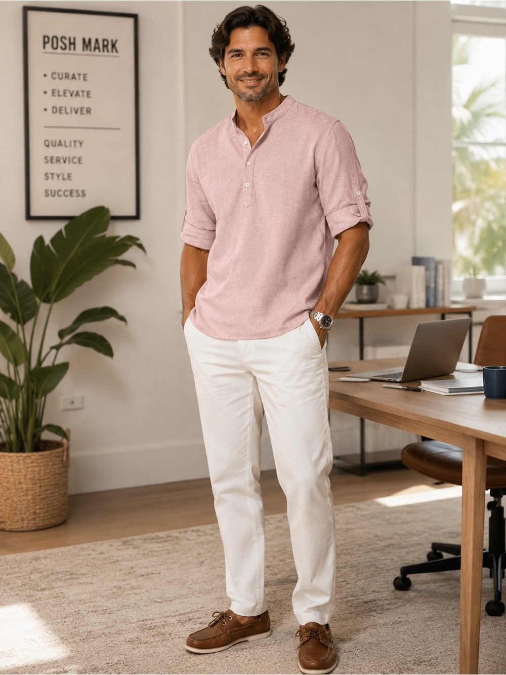 Men's Pink Linen-Blend Henley Shirt - Lightweight Casual Polo